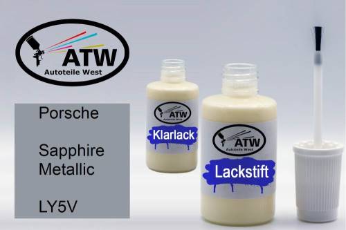 Porsche, Sapphire Metallic, LY5V: 20ml Lackstift + 20ml Klarlack - Set, von ATW Autoteile West.